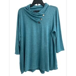 N Touch Teal Blue Semi-Cowl Neck Button Accent 3/4 Sleeves Knit Top Size Large